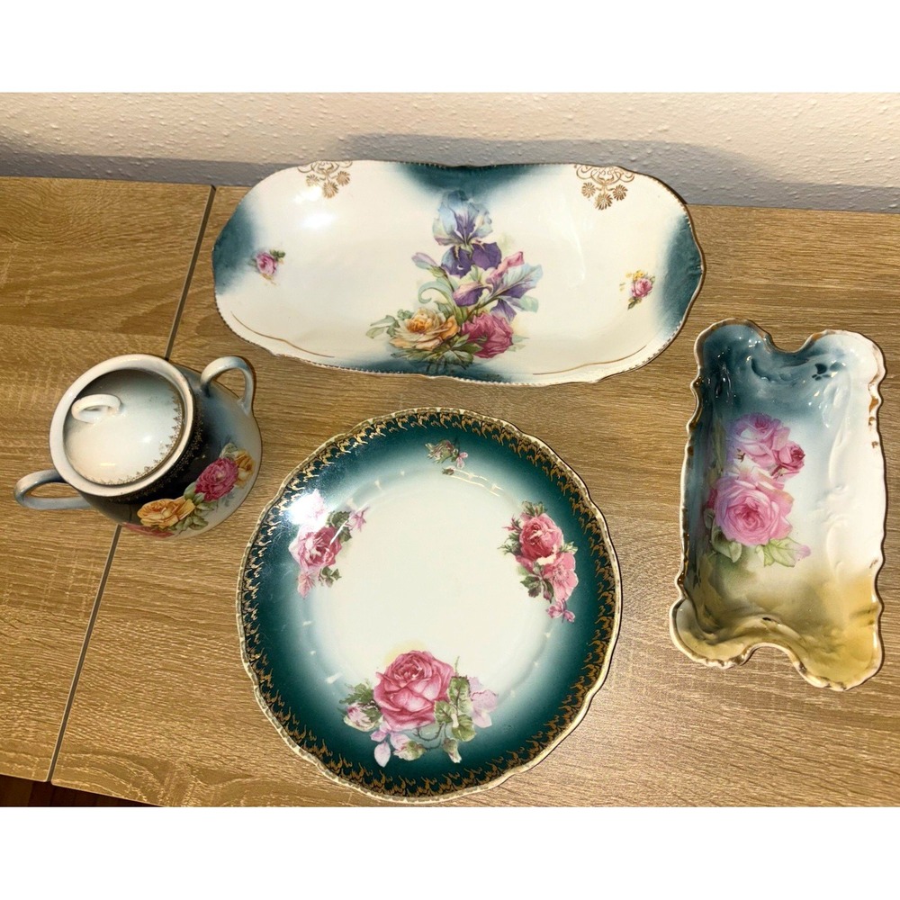 Antique German Porcelain Dish Lot C.T. Silesia Crown China Green Floral Vintage